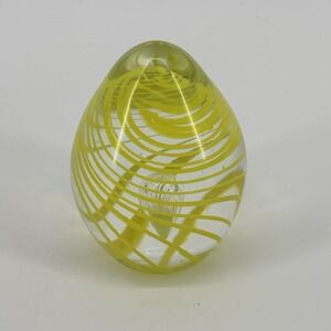 Easter Egg Shaped Yellow Swirl With Tear Drop Inclusion Paperweight Art Glass 3"